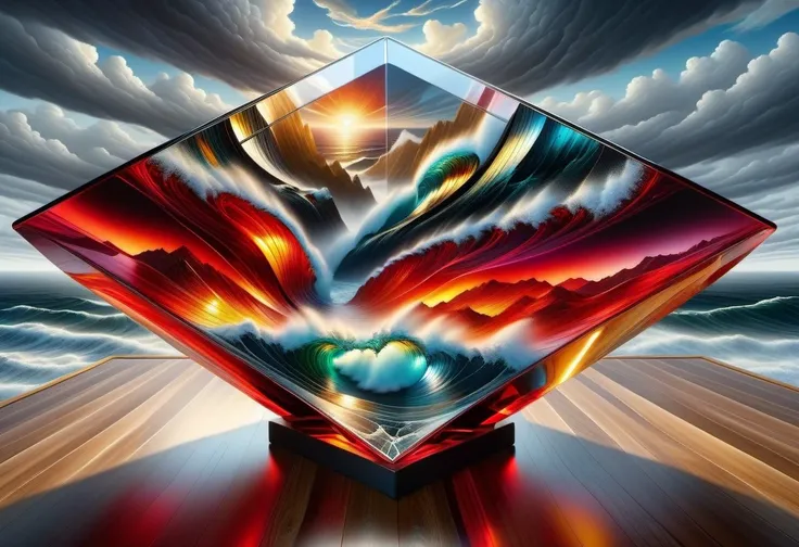 Glass tabletop resting against facing tempestuous ocean, embodying "Love conquers all" through vivid red and bold black hues interwoven with gold and platinum wire work, funneling into an outer space vanishing point, fusion of Mike Daviss complexity, Xue W...