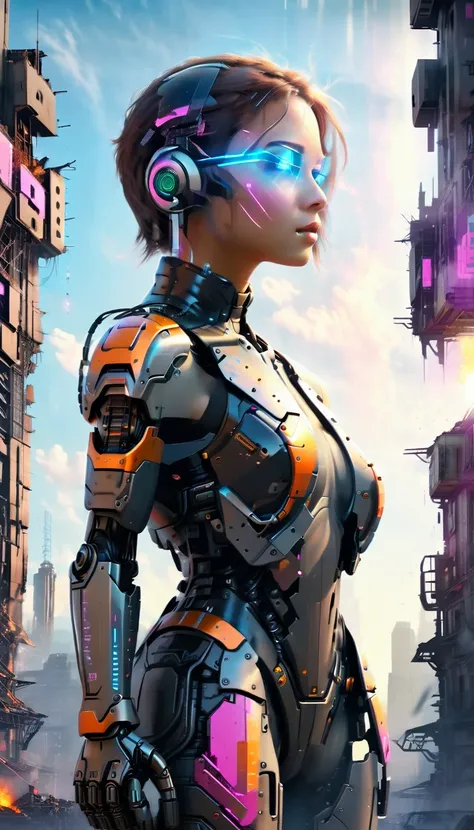 um cyborg altamente detalhado, arms crossed in front of a destroyed city, boasting futuristic details on its bionic body. (um ci...