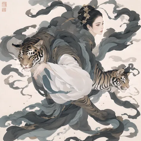 chinese black and white encre painting,tigre, dynamic, posture agressive, monochrome, encre, splash effect, move, force, coups d...