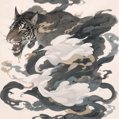 chinese black and white encre painting,tigre, dynamic, posture agressive, monochrome, encre, splash effect, move, force, coups d...