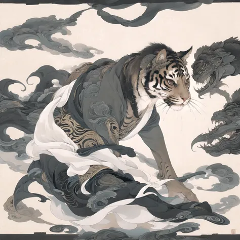 chinese black and white encre painting,tigre, dynamic, posture agressive, monochrome, encre, splash effect, move, force, coups d...