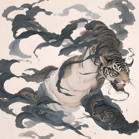 chinese black and white encre painting,tigre, dynamic, posture agressive, monochrome, encre, splash effect, move, force, coups d...