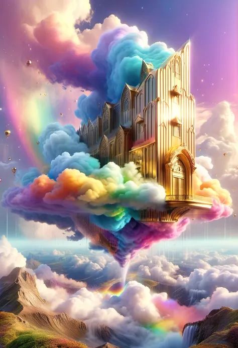 rainbow colored clouds in pastel colors、a golden building above the clouds