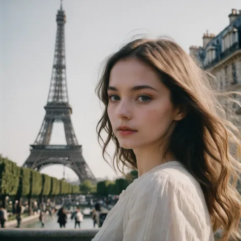 close-up headshot of ((ohwx woman)), ,a girl standing alone, by the paris around effel tower, dark night, film grain, analog fil...