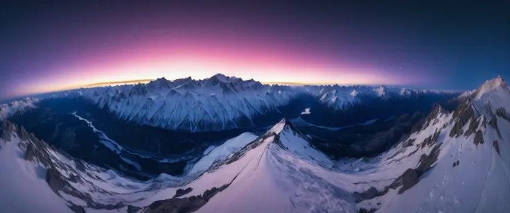 ((ultra wide angle theme:1.6)),(ultra wide angle shot:1.6), ((from above:2.0)), 8mm lens, lens flair, panorama, snow mountain, Aurora,  blue hour, dynamic, cinematic, ultra detailed, ultra high res, best quality, 