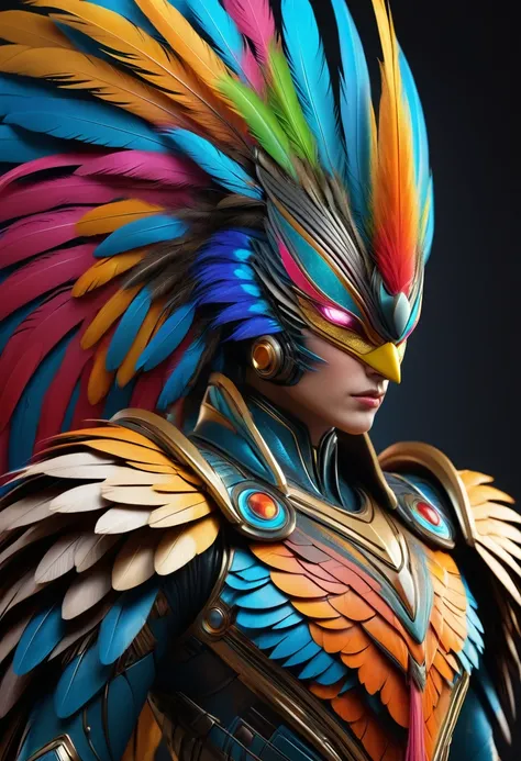 (best quality,4k,8k,highres,masterpiece:1.2),ultra-detailed,(realistic,photorealistic,photo-realistic:1.37),art deco,surreal,sci-fi,beautiful Ara bird,(detailed feathers,vibrant colors), (long,graceful tail),(warrior) male, robotlike,neon, colorful,superhe...