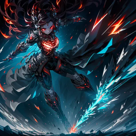 Anime Digital Art Style, (High Detail:1.2), Epic, Fierce Reploid Therianthrope Wolf Goddess, Long, Flowing Red Hair, Matching, Flaming Claws, Charged into Chaotic Battlefield, Dramatic, Vibrant Palette, Intricately Detailed, Volumetric Lighting, 4K Renderi...