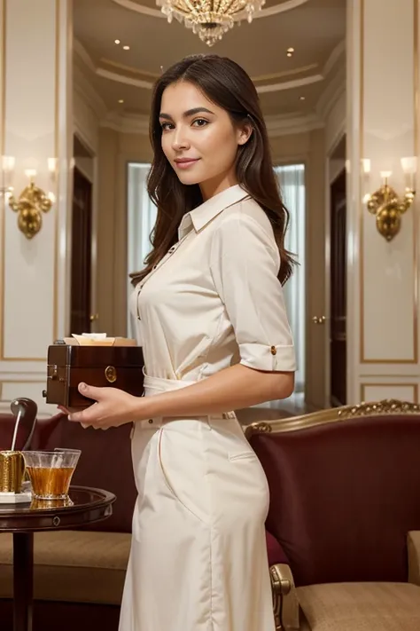 A beautiful American 5-star hotel worker with exquisite features, long eyelashes, and a welcoming smile, wearing a professional uniform and holding a tray with drinks, standing in the luxurious hotel lobby. The workers eyes are captivating and detailed, em...