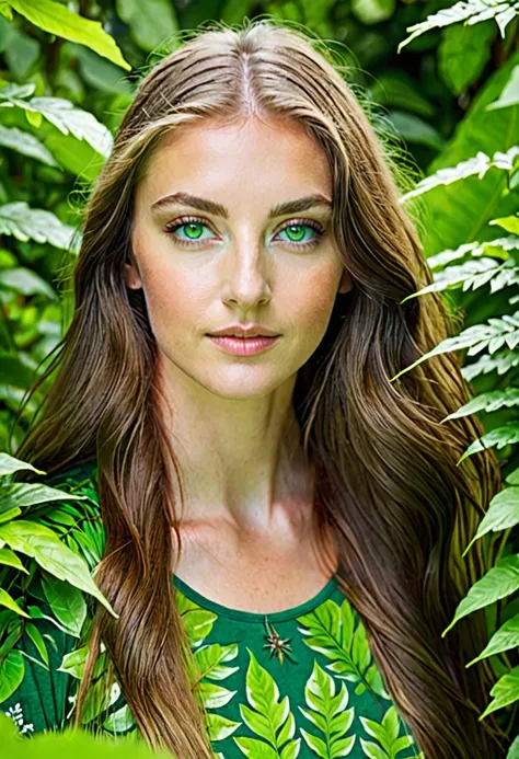 Caucasian female with green eyes, long hair wearing a green leafy top, surrounded by lush green foliage in the background