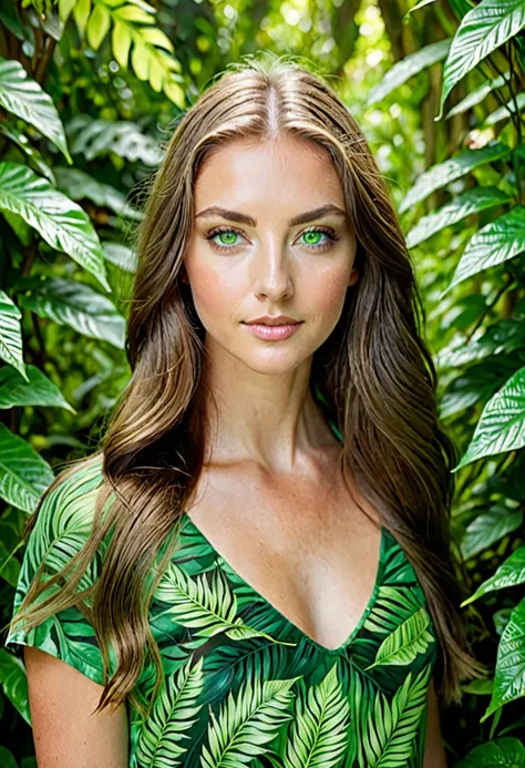 Caucasian female with green eyes, long hair wearing a green leafy top, surrounded by lush green foliage in the background