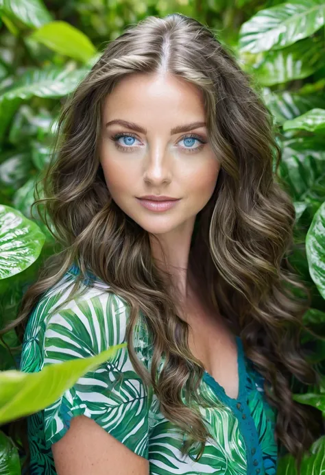 Caucasian female with blue eyes, long wavy brunette hair, wearing a green leafy top, surrounded by lush green foliage in the background