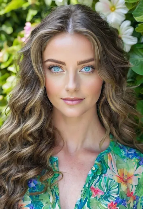 Caucasian female with blue eyes, long wavy brunette hair, wearing a green leafy top, surrounded by olorful flowers in the background