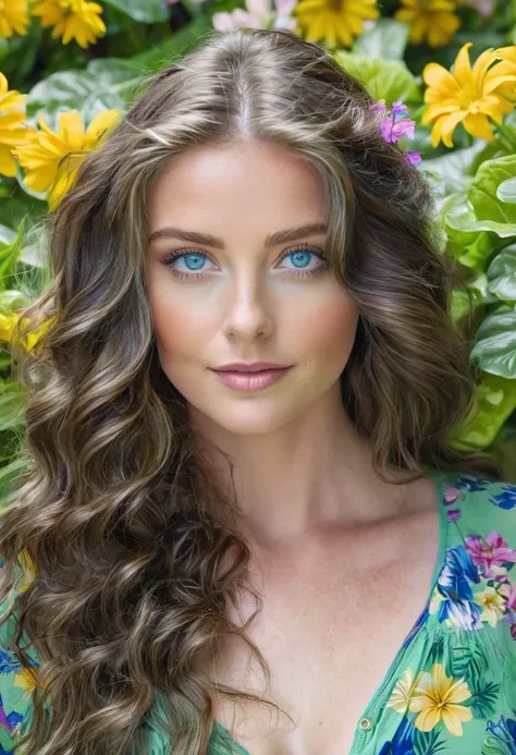 Caucasian female with blue eyes, long wavy brunette hair, wearing a green leafy top, surrounded by olorful flowers in the background