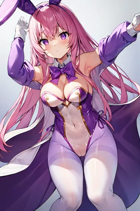 pink long hair, bunny ears, suitbunny, white leotard, cleavage, (purple pantyhose:1.3), white gloves, long sleeves,