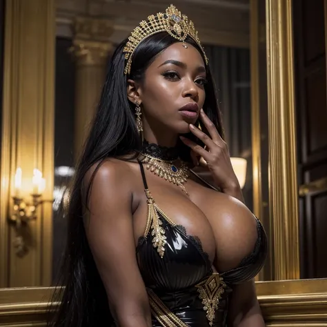 big beautiful black african women dark-skin huge tits , peaux noires huileuse , fine and detailed gold body jewelry with sparkling gemstones , tenue dinspiration romaine transparente laissant apparaitre tout le corps, gants latex, les hommes enlacent les f...