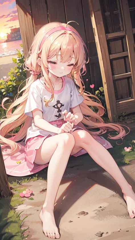 a cute 6 year old church girl named Anna, both brownish blonde hair, long wavy hair, short sleeved white tshirt, pink shorts, wearing a pink hairband, on knees, praying, eyes closed, sunset, slight smile, wristbands, barefoot