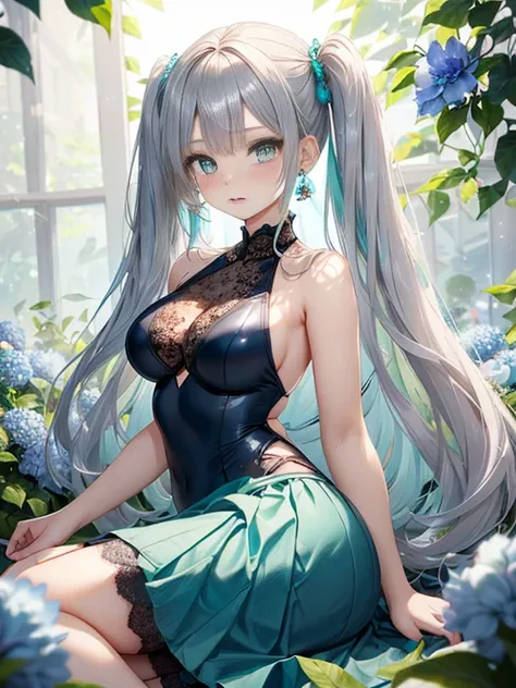 The arrival of spring、big butt、 (alone:1.5,)Super detailed,bright colors, very beautiful detailed anime face and eyes, look straight, ;d, shiny_skin,girl, ((silver long hair,Inner color is red 、forehead is exposed.、green eyes、、shiny hair, delicate beautifu...