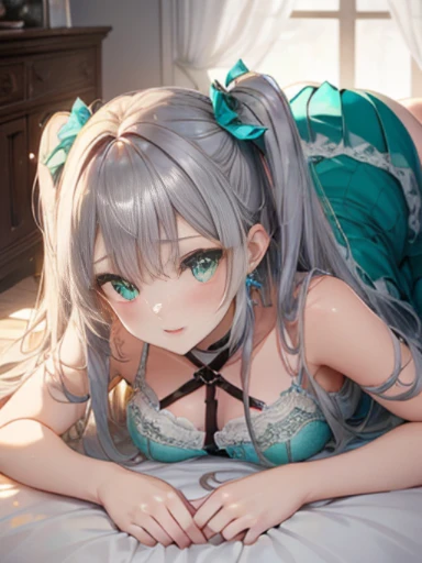 The arrival of spring、big butt、 (alone:1.5,)Super detailed,bright colors, very beautiful detailed anime face and eyes, look straight, ;d, shiny_skin,girl, ((silver long hair,Inner color is red 、forehead is exposed.、green eyes、、shiny hair, delicate beautifu...