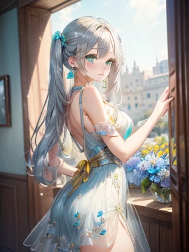 The arrival of spring、big butt、 (alone:1.5,)Super detailed,bright colors, very beautiful detailed anime face and eyes, look straight, ;d, shiny_skin,girl, ((silver long hair,Inner color is red 、forehead is exposed.、green eyes、、shiny hair, delicate beautifu...