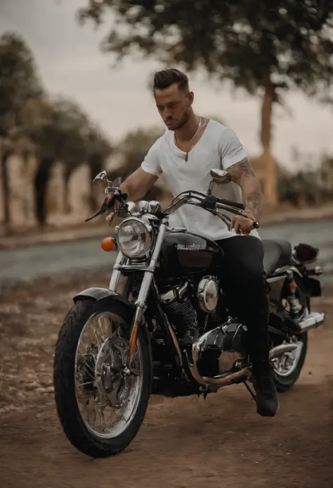 20 year old man, de tes clara, de 1.85 m de altura, de cuerpo fornido, vestido con playera blanca y pantalones negro de mezclilla, sudadera de curo blanca con rojo tipo motociclista, cabello corto negro azabache y ojos negros, nariz perfecta, marked jaw an...