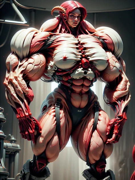 (1 girl), (megan fox:1.25), (naked:1.25), (Beautiful skinless muscular demon girl:1.25), (extreme muscular definition:1.5), (huge muscular arms:1.5,)  (long red hair), (carnage skinless physique:1.25), (1 super muscular undead skinless succubus with gigant...