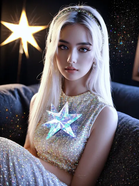 {-erro_de_anatomia:1.0} masterpiece, highest quality, (perfect face:1.1, (high detail)1.1, sweet stardust vampire , long soft white hair, opal eyes, perfectly drawn face, black dress, stars detailed background, prismatic lighting, glitter, whole bod., Very...