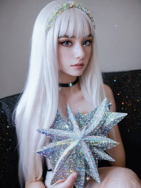 {-erro_de_anatomia:1.0} masterpiece, highest quality, (perfect face:1.1, (high detail)1.1, sweet stardust vampire , long soft white hair, opal eyes, perfectly drawn face, black dress, stars detailed background, prismatic lighting, glitter, whole bod., Very...