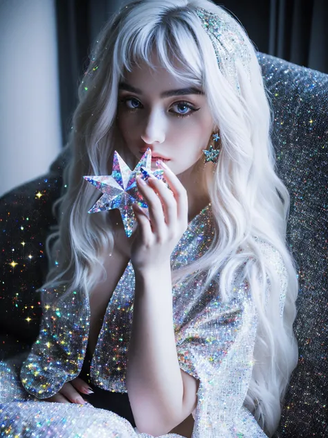 {-erro_de_anatomia:1.0} masterpiece, highest quality, (perfect face:1.1, (high detail)1.1, sweet stardust vampire , long soft white hair, opal eyes, perfectly drawn face, black dress, stars detailed background, prismatic lighting, glitter, whole bod., Very...