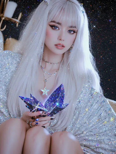 {-erro_de_anatomia:1.0} masterpiece, highest quality, (perfect face:1.1, (high detail)1.1, sweet stardust vampire , long soft white hair, opal eyes, perfectly drawn face, black dress, stars detailed background, prismatic lighting, glitter, whole bod., Very...