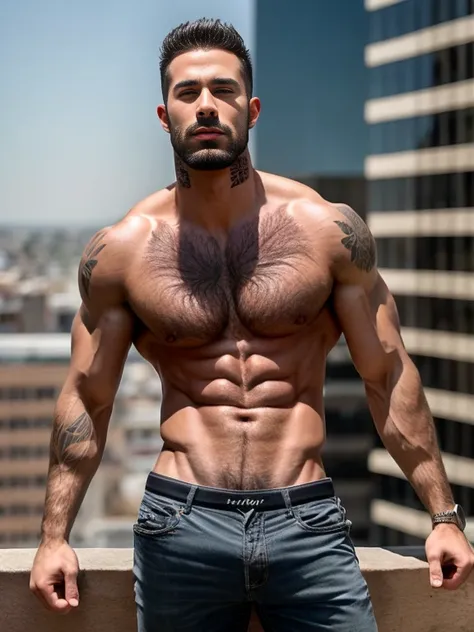 arafed man with a beard and tattoos on his chest standing on a ledge, attractive and good looking, sexy masculine, attractive body, mid-shot of a hunky, super buff and cool, shirtless, attractive male, handsome male, fairly muscular, prefect body, hairy ch...