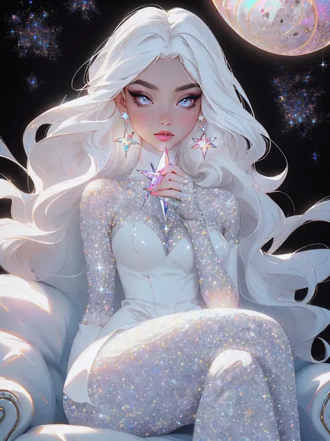 {-erro_de_anatomia:1.0} masterpiece, highest quality, (perfect face:1.1, (high detail)1.1, sweet stardust vampire , long soft white hair, opal eyes, perfectly drawn face, black dress, stars detailed background, prismatic lighting, glitter, whole bod., Very...