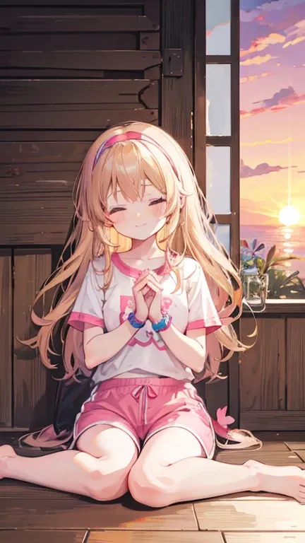 a cute 6 year old church girl named Anna, both brownish blonde hair, long wavy hair, short sleeved jersey tshirt, pink shorts, wearing a pink hairband with flower, on knees, praying, eyes closed, sunset, slight smile, wristbands, barefoot 