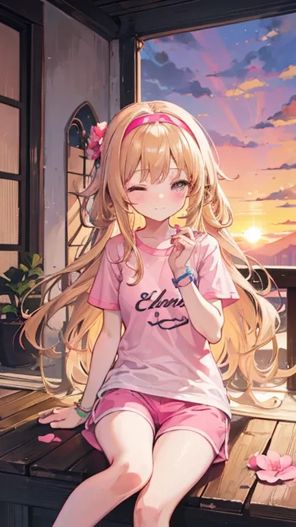 a cute 6 year old church girl named Anna, both brownish blonde hair, long wavy hair, short sleeved jersey tshirt, pink shorts, wearing a pink hairband with flower, on knees, praying, eyes closed, sunset, slight smile, wristbands, barefoot 