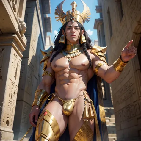 Pharaoh , Attractive， （（musculature））， AS-Adult，16k resolution , ultra-high clarity , hyperrealism, uhd , handsome  , full length shot (fls) , egyptian , gold accessories , sexy , big thighs , nsfw , eroticism , puffy nipples