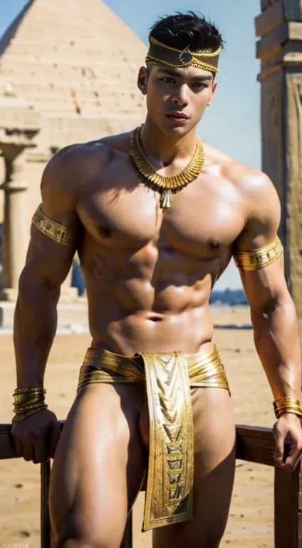 Pharaoh , Attractive， （（musculature））， AS-Adult，16k resolution , ultra-high clarity , hyperrealism, uhd , handsome  , full length shot (fls) , egyptian , gold accessories  , sexy , big thighs , sexy , K-pop , extra short hair , nsfw , eroticism , fat hips