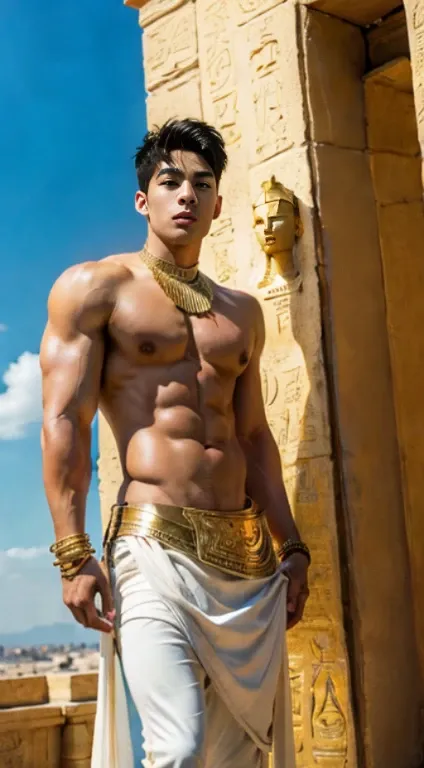 Pharaoh , Attractive， （（musculature））， AS-Adult，16k resolution , ultra-high clarity , hyperrealism, uhd , handsome  , full length shot (fls) , egyptian , gold accessories  , sexy , big thighs , sexy , K-pop , extra short hair , nsfw , eroticism , fat hips