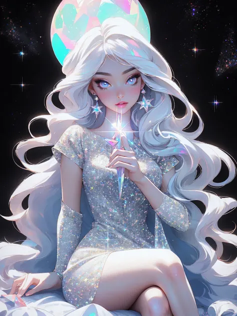 {-erro_de_anatomia:1.0} masterpiece, highest quality, (perfect face:1.1, (high detail)1.1, sweet stardust vampire , long soft white hair, opal eyes, perfectly drawn face, black dress, stars detailed background, prismatic lighting, glitter, whole bod., Very...