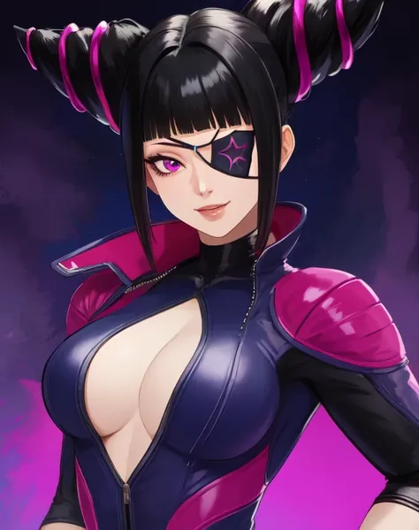 juri , black hair,two-tone hair, hair horns, purple eyes, eyepatch,  
bodysuit, clothing cutout, 
standing, upper body, evil smi...