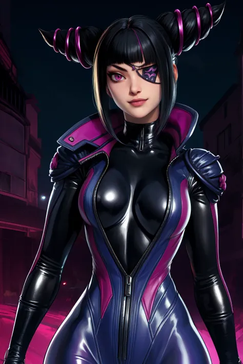 Juri , black hair,two-tone hair, hair horns, purple eyes, eyepatch,  
bodysuit, clothing cutout, 
standing, upper body, evil smile, 
night club,
(insanely detailed, beautiful detailed face,beautiful detailed eyes, masterpiece, best quality) , solo, dinamic...