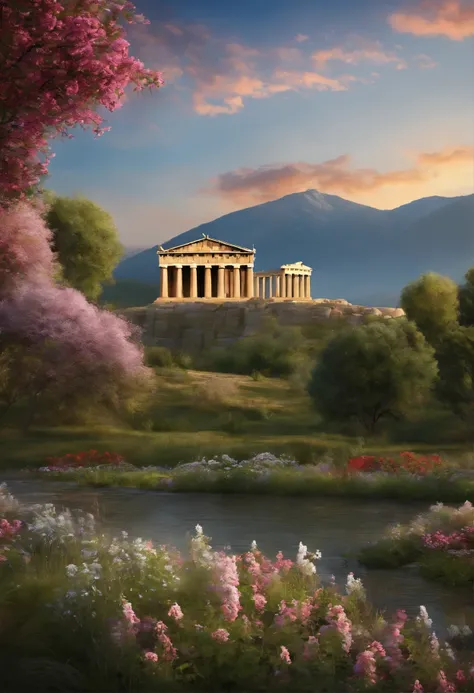 Make a kind of Parthenon with a stream in front, super realistic paintings, sophisticated details,  There are mountains in the distance,flower garden,grassland,There are animals,silhouette