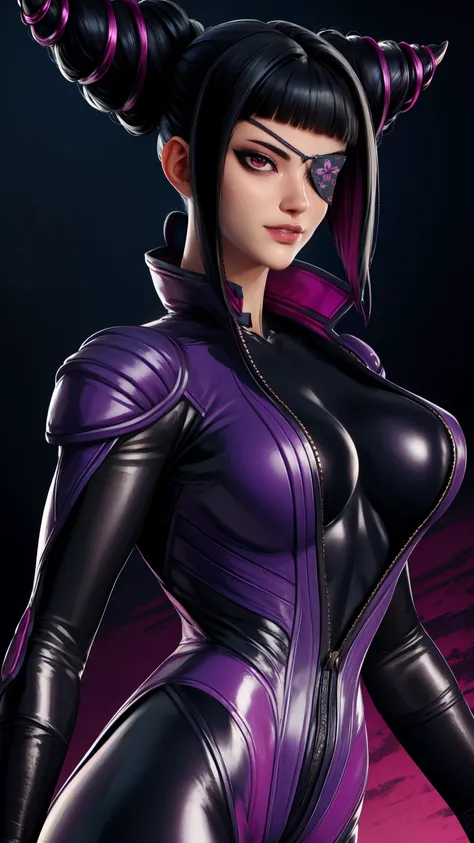 Juri , black hair,two-tone hair, hair horns, purple eyes, eyepatch,  
bodysuit, clothing cutout, 
standing, upper body, evil smile, 
night club,
(insanely detailed, beautiful detailed face,beautiful detailed eyes, masterpiece, best quality) , solo, dinamic...