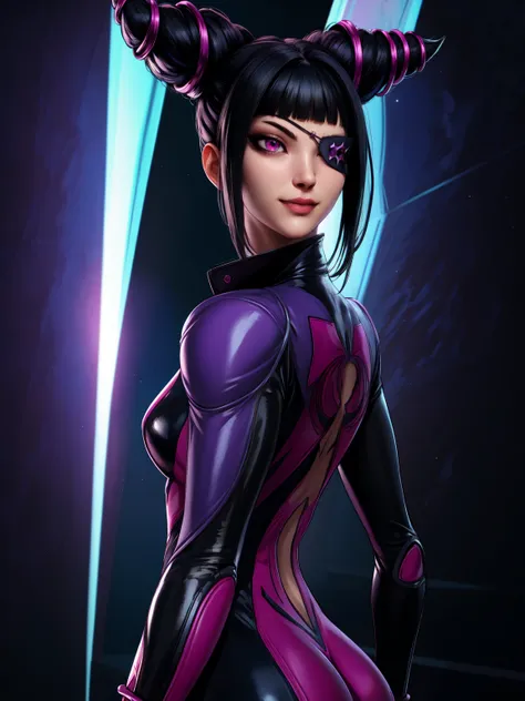 Juri , black hair,two-tone hair, hair horns, purple eyes, eyepatch,  
bodysuit, clothing cutout, 
standing, upper body, evil smile, 
night club,
(insanely detailed, beautiful detailed face,beautiful detailed eyes, masterpiece, best quality) , solo, dinamic...