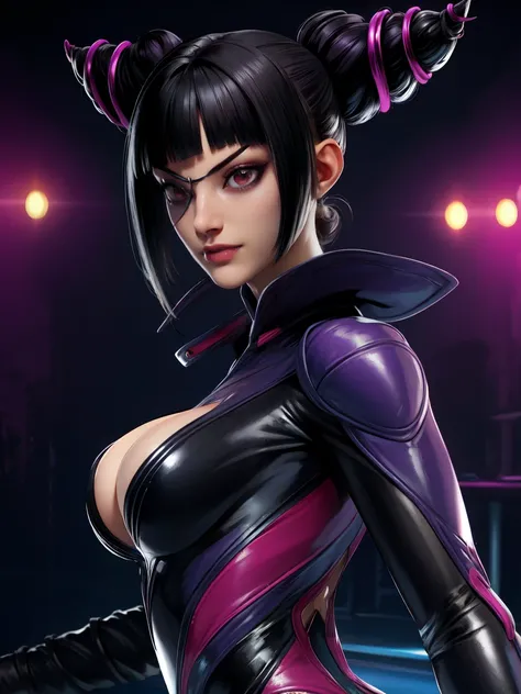 Juri , black hair,two-tone hair, hair horns, purple eyes, eyepatch,  
bodysuit, clothing cutout, 
standing, upper body, evil smile, 
night club,
(insanely detailed, beautiful detailed face,beautiful detailed eyes, masterpiece, best quality) , solo, dinamic...