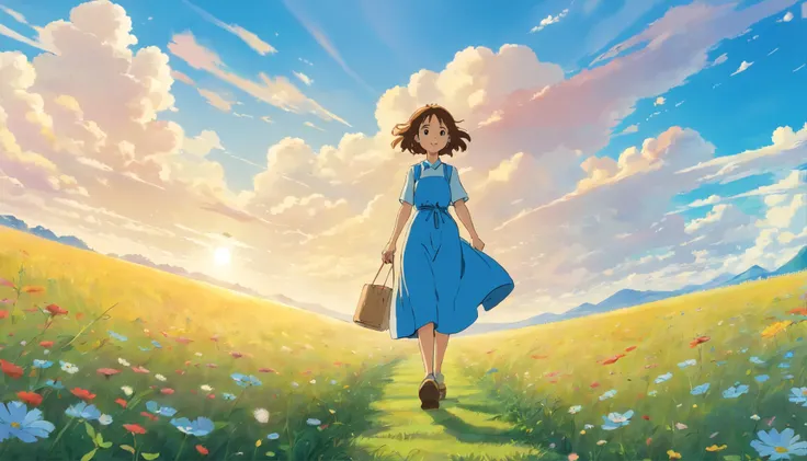 Young woman walking in a wide meadow、one piece、petals are dancing、blue sky、sunlight