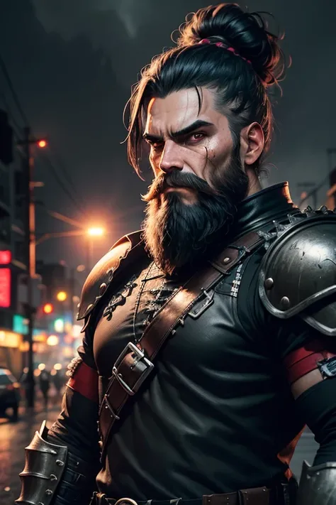 bearded guerrilla in black punk uniform, head in a bun , crumbling background, realistic, full armor, rutkowski, hdr, intricate details, super detailed, cinematic, edge light, dangerous atmosphere, noir, night, red light, dark road, rain