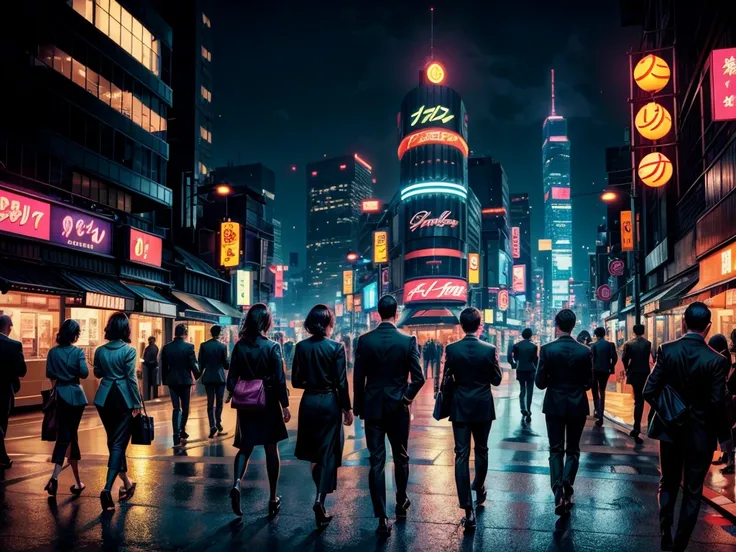 office workers,hurrying home,neon signs,downtown Tokyo,night scene,cityscape,energetic atmosphere,bustling streets,Vibrant colors,glowing lights,modern architecture,tall buildings,twinkling lights,urban life,hustle and bustle,fast-paced lifestyle,tired exp...