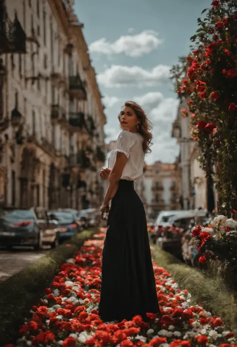 Mulher moderna, 38 anos, rosto suave, de camisa preta, evangelical fluid skirt, White sneakers, model style on the square, cena realista, lots of flowers on the ground, realismo, hiperrealista, cinematic scene 