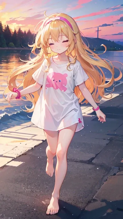 a cute 6 year old church girl named Brooke, blonde hair, long wavy hair, short sleeved tshirt white, no pants, pink hairband, eyes closed, sunset, barefoot, wristbands