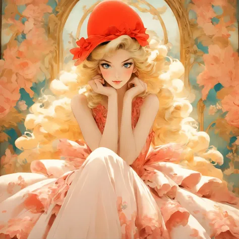 there is a woman sitting on a bed with a red hat, a portrait inspired by Cecil Beaton, tumblr, art nouveau, in style of cecil beaton, dress in the style of rococo, haute couture fashion shoot, art nouveau fashion photography, wearing seashell attire, mario...