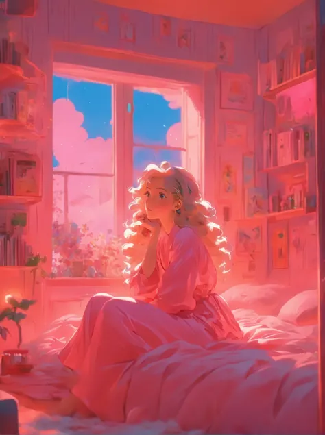 arafed woman in pink dress sitting on bed in pink bedroom, in style of petra collins, dreamy aesthetic, brightly lit pink room, dreamy ethereal vibe, with soft pink colors, petra collins, the walls are pink, miss aniela, inspired by Cecil Beaton, pink hues...